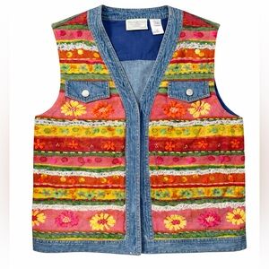 Vintage 1999 Susan Bristol Embroidered Denim Vest Boho Floral Festival Jacket M